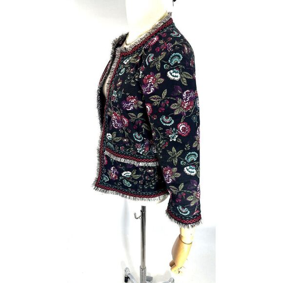 Ann Taylor Loft Black Blazer Jacket Floral Embroidered Fringe Size 8 - Picture 3 of 15